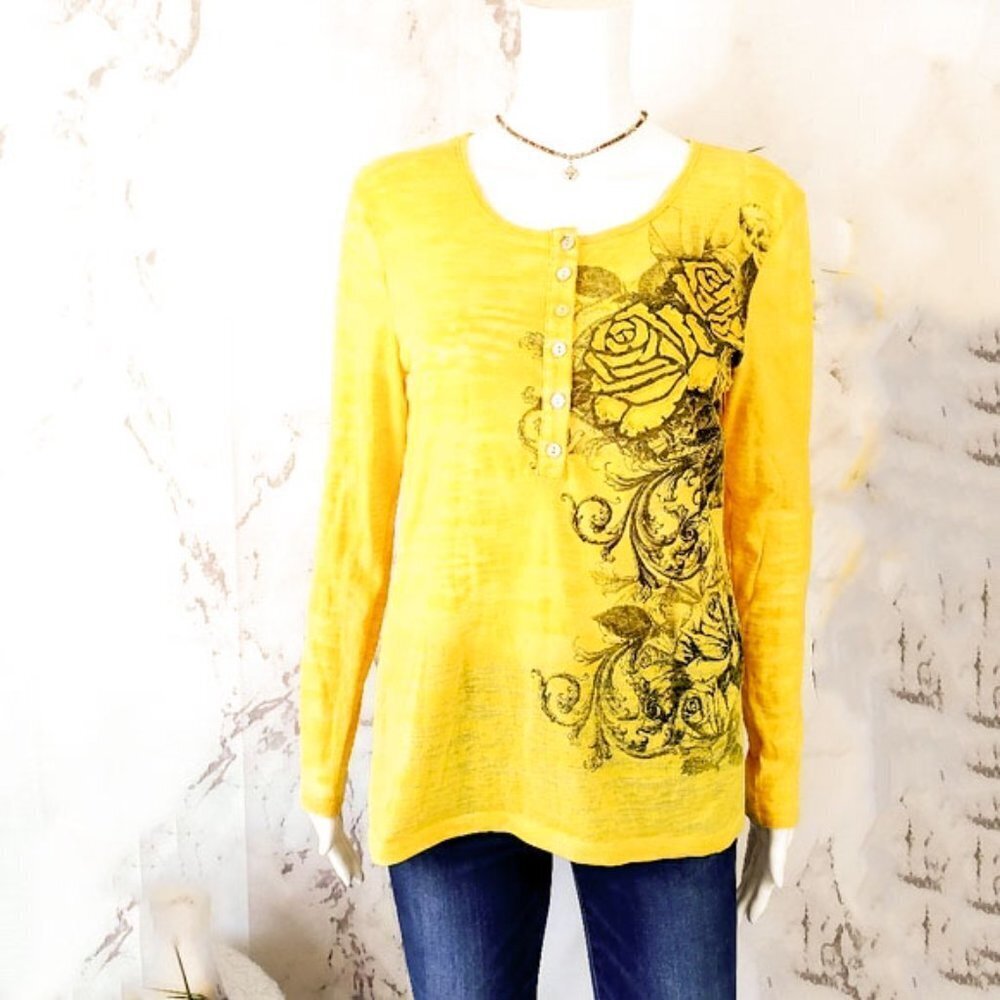 Sundance Mustard Yellow Henley Top Floral Motif Small